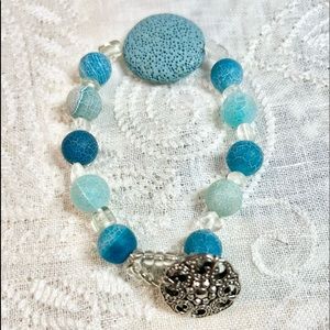 Boho bracelet in lava stone, glass, acrylic. Beachy blues, perfect for stacking